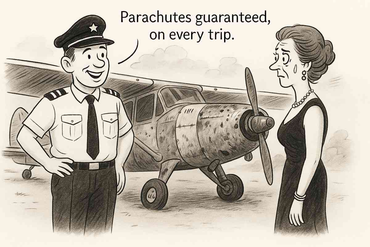 comic of a pilot of a beat-up, rusty old plane telling a passenger, 'parachutes guaranteed on every trip.'