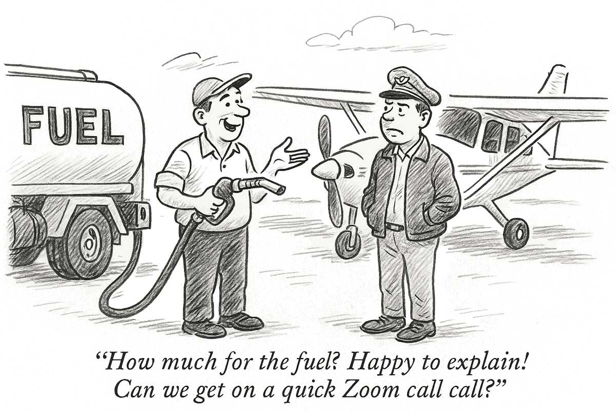 comic of fuel attendant telling a pilot, 'how much for the fuel, you ask? happy to explain! can we get on a quick zoom call?'